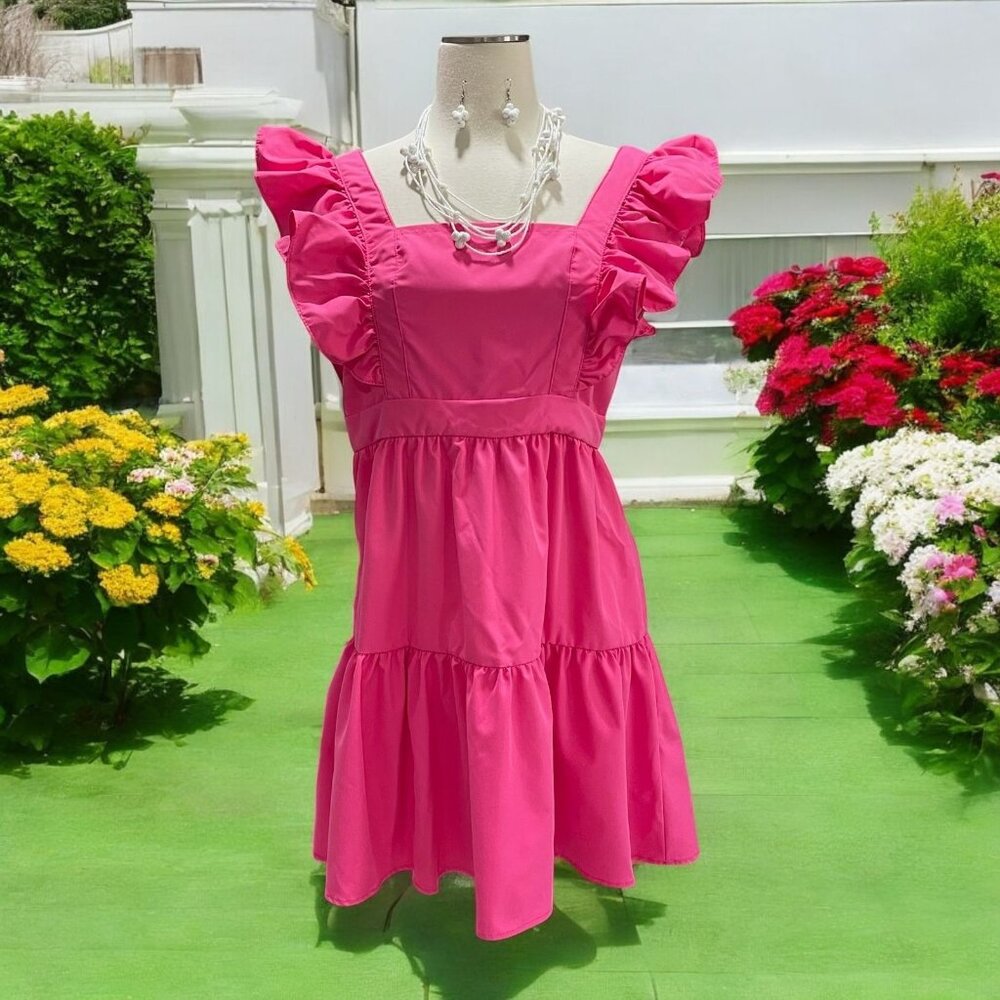 Pink Ruffle Tiered Mini Dress S Vacation Cottagecore Style Statement Jewelry Set